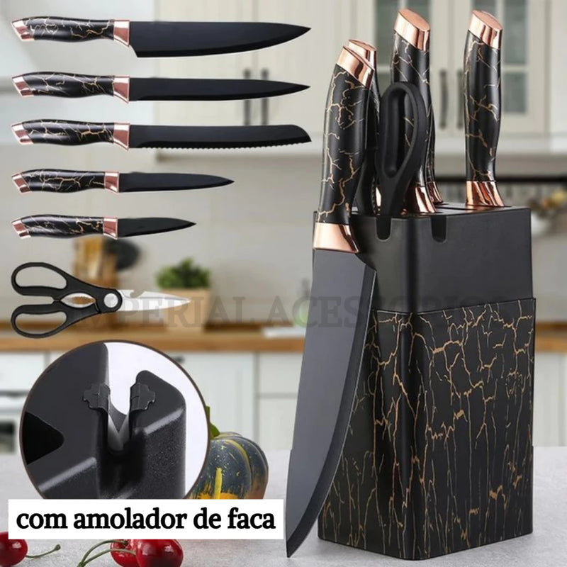 kit 7 peças de facas Anti-aderente Marmorizadas